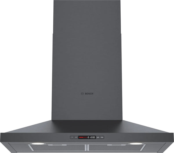 Bosch 30 Inch 600 CFM Wall Mount and Chimney Range Vent in Black Stainless HCP80641UC